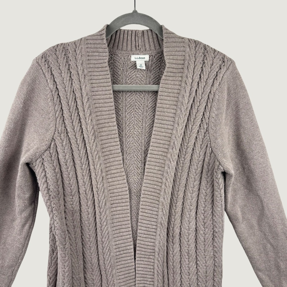 L.L.Bean Cardigan Women Medium Brown Cable Knit Open Front Cotton 500661 Coastal - Picture 4 of 11